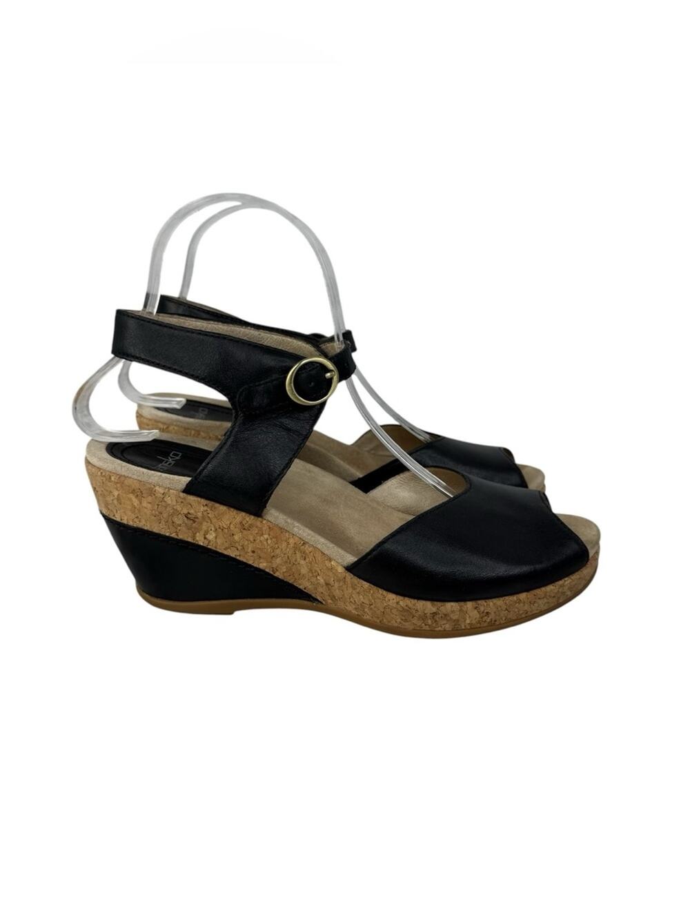 DANSKO Charlotte Leather Black Cork Wedge Open Toe Sandals Women’s Sz 38